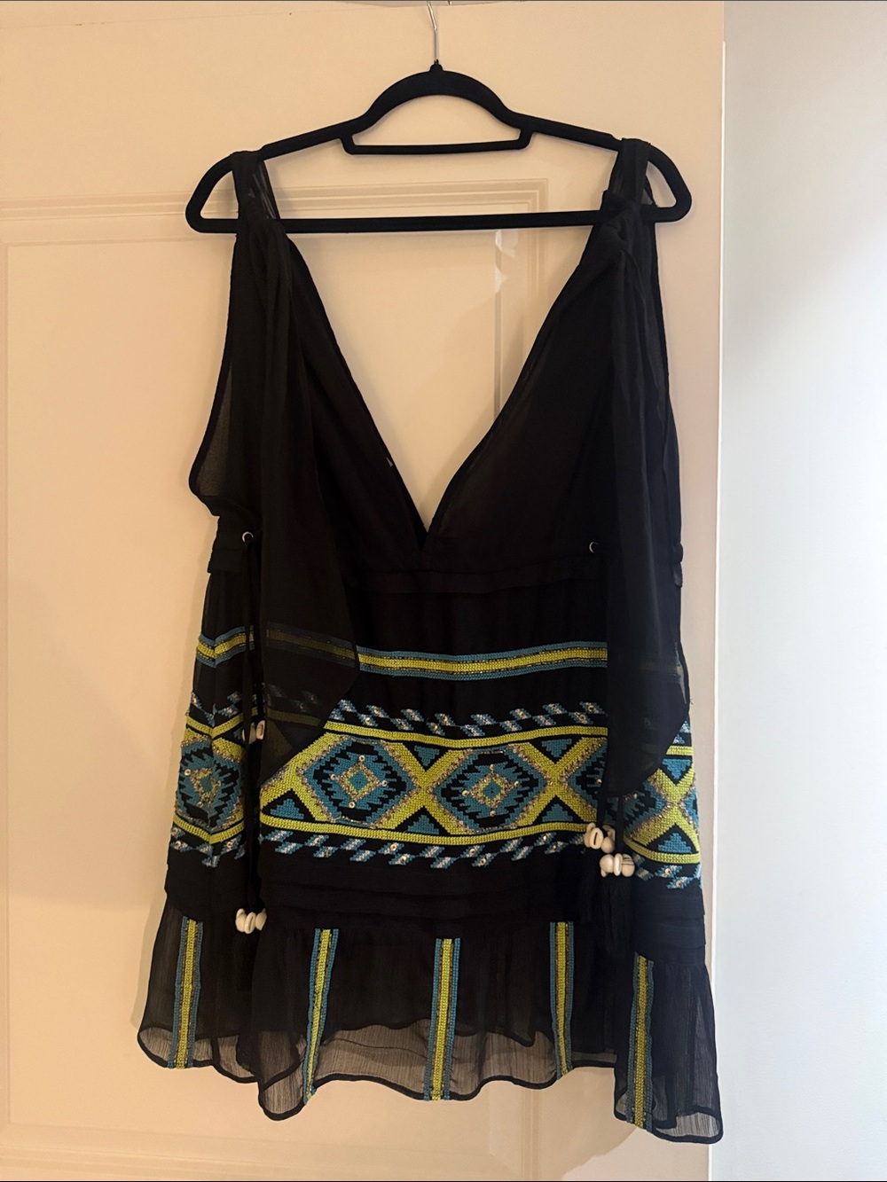 Ramy Brook Black Embroidered Sleeveless Tunic with Blue & Lime Geometric Accents